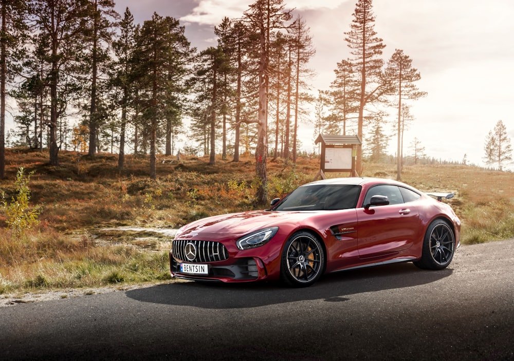 Mercedes-AMG GT, Project Timberline, red coupe on a forest road